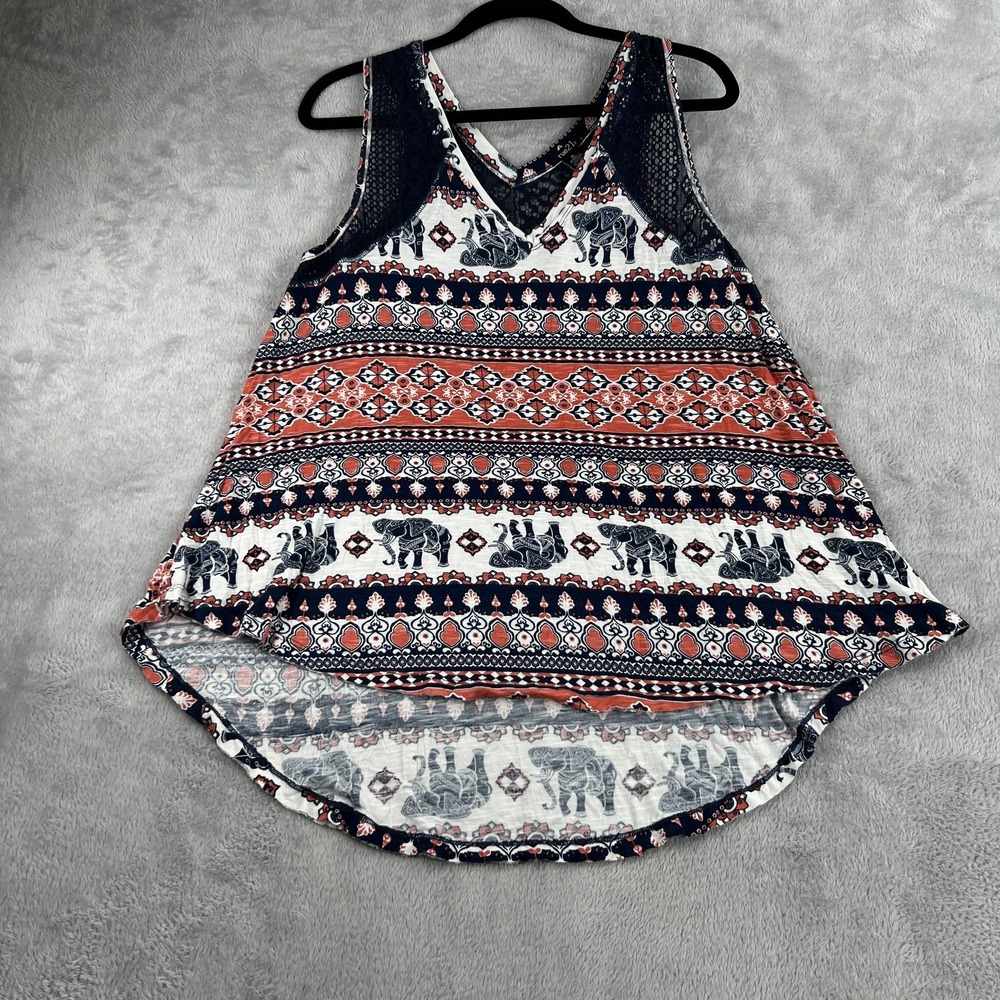rue21 Elephant Print Crochet Lace High Low Tank Top XL Blue Red Boho Cami NWT
